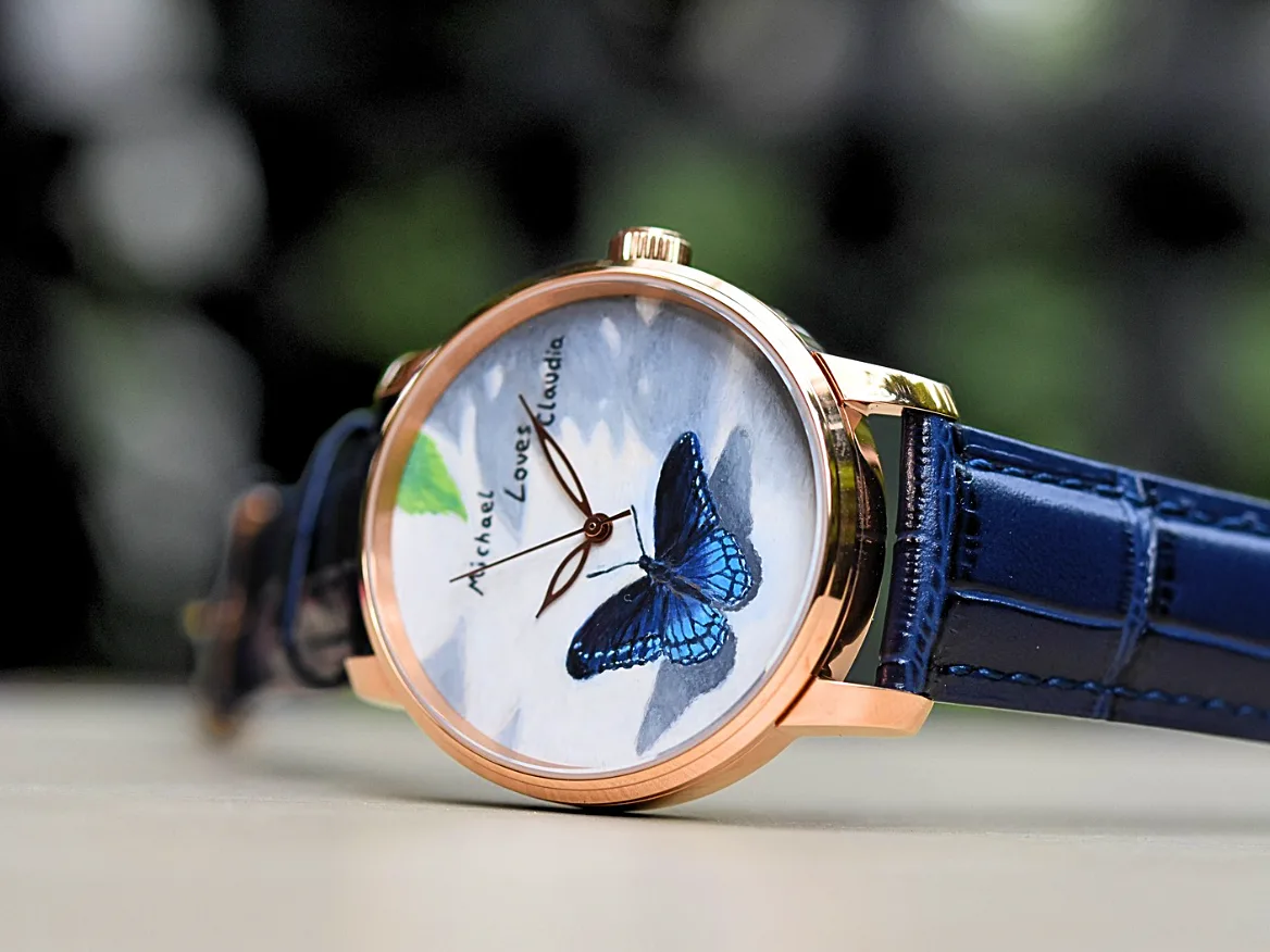 A Butterfly from Their Wedding Announcement, hand-painted watch dial