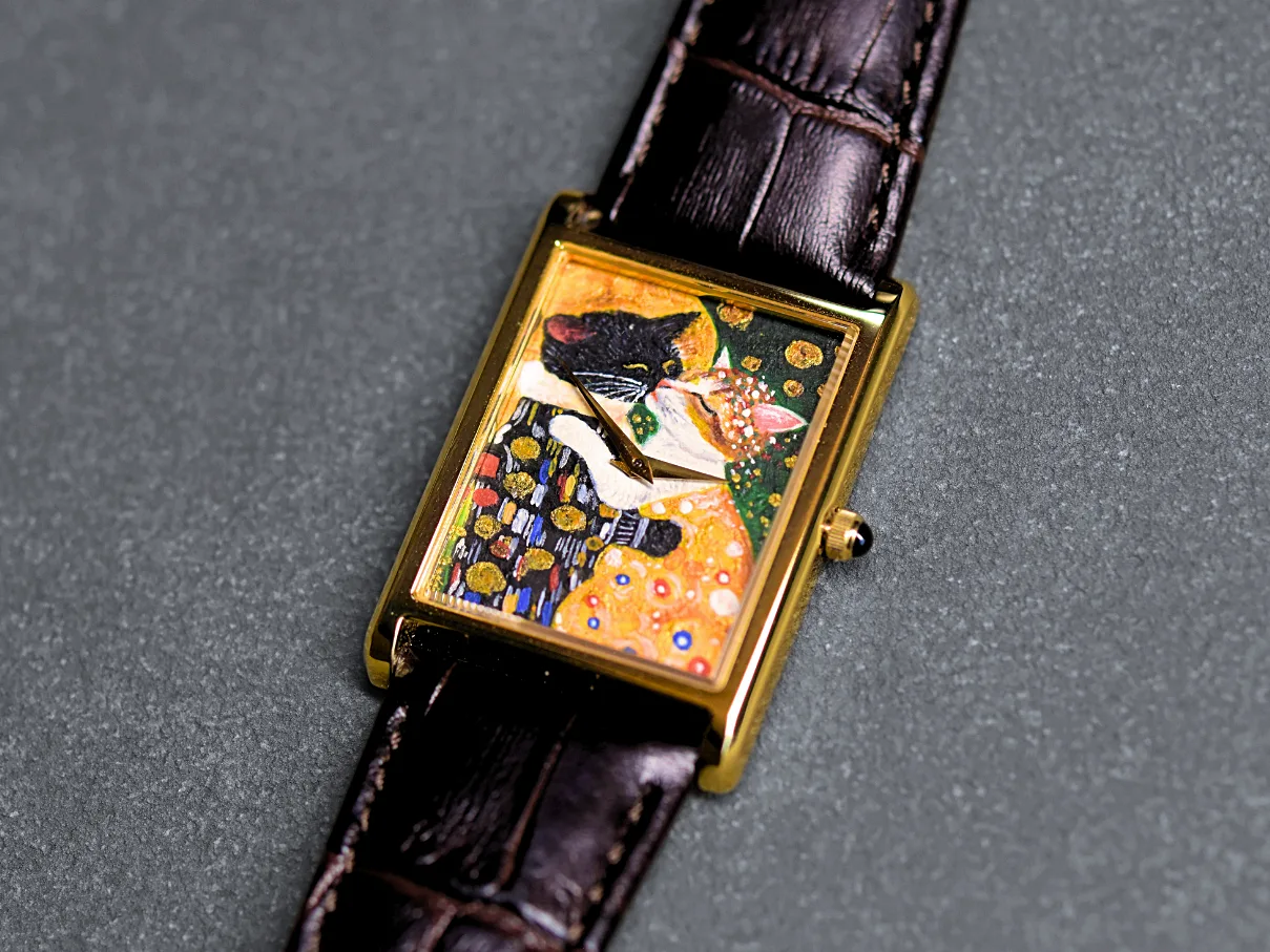 A Cat-Themed Klimt Kiss, Painted for His Wife, hand-painted watch dial