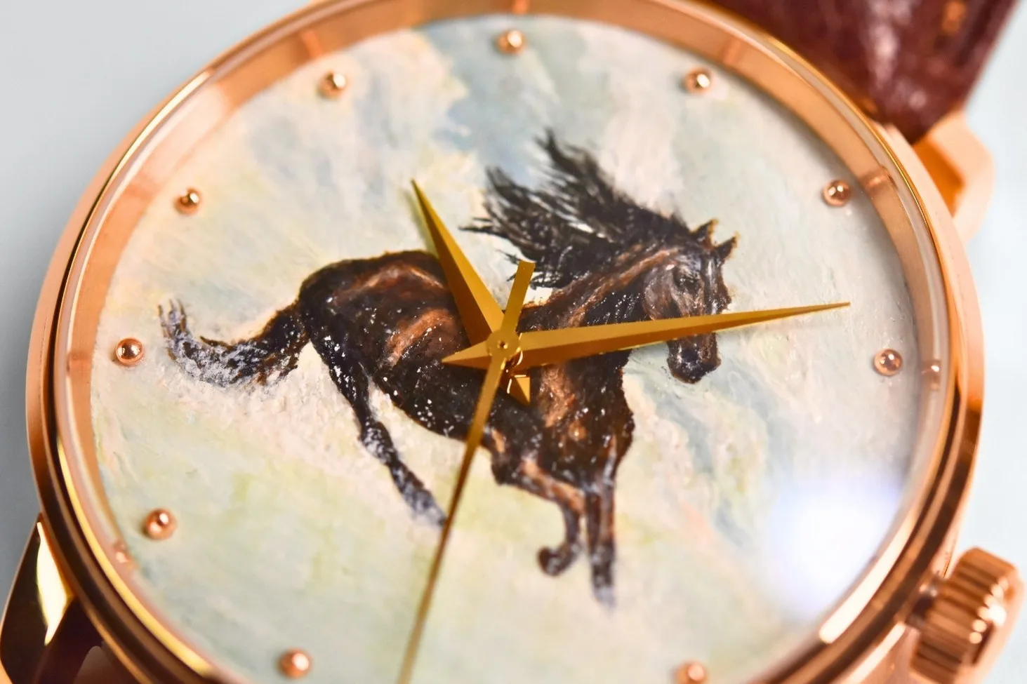 Brown Horse hand-painted watch dial, detail 1