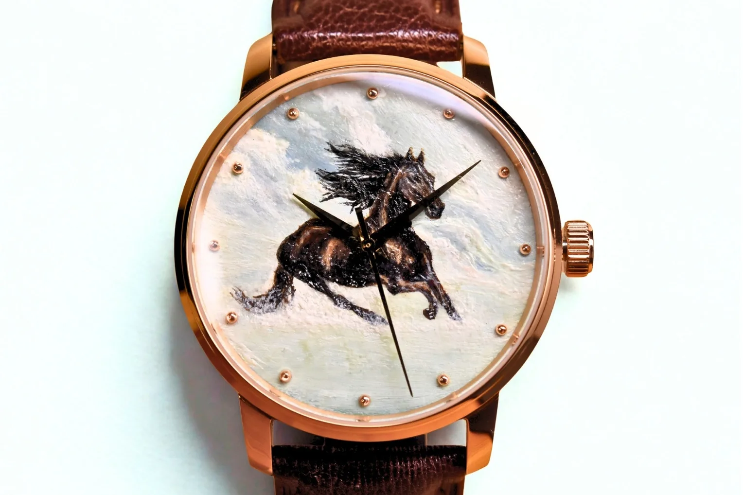 Brown Horse hand-painted watch dial, close-up