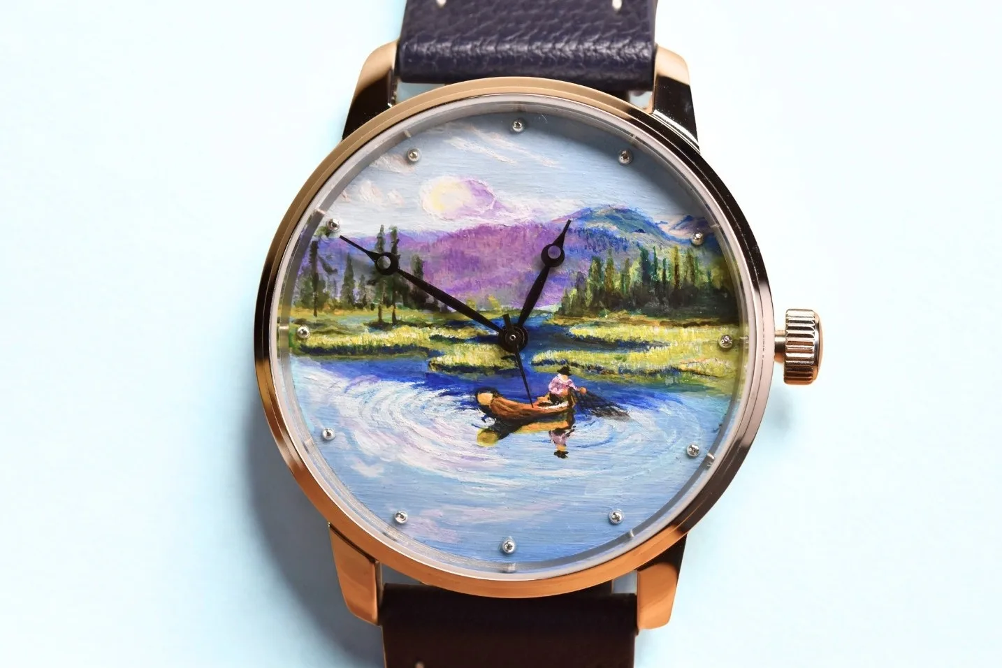 The Lake hand-painted watch dial, close-up