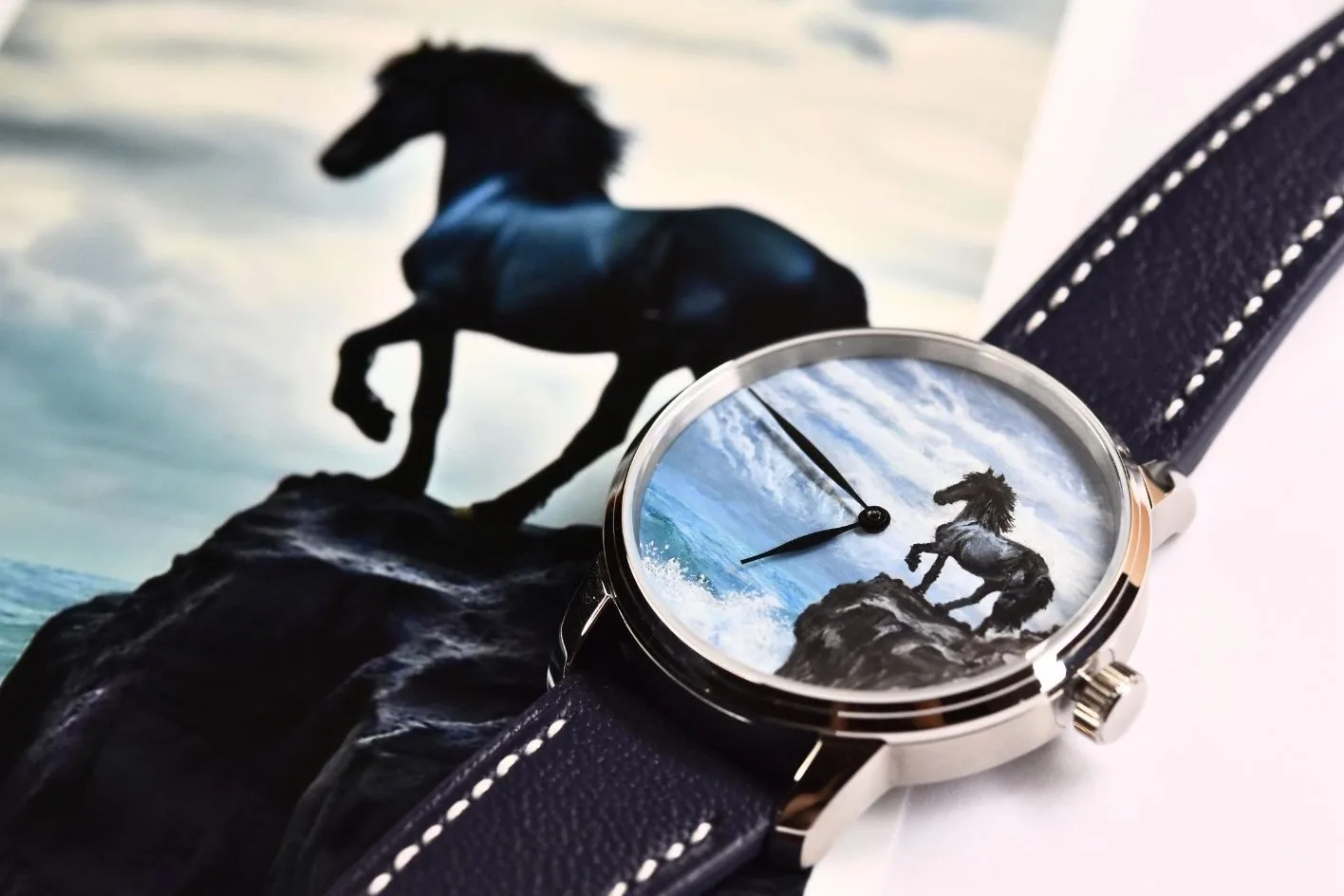 Hand-painted horse and ocean waves watch dial, acrylic on mechanical watch
