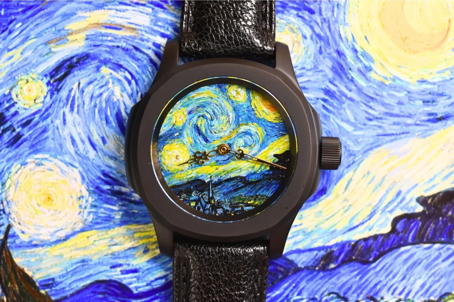 Starry Night hand-painted watch dial, detail 1