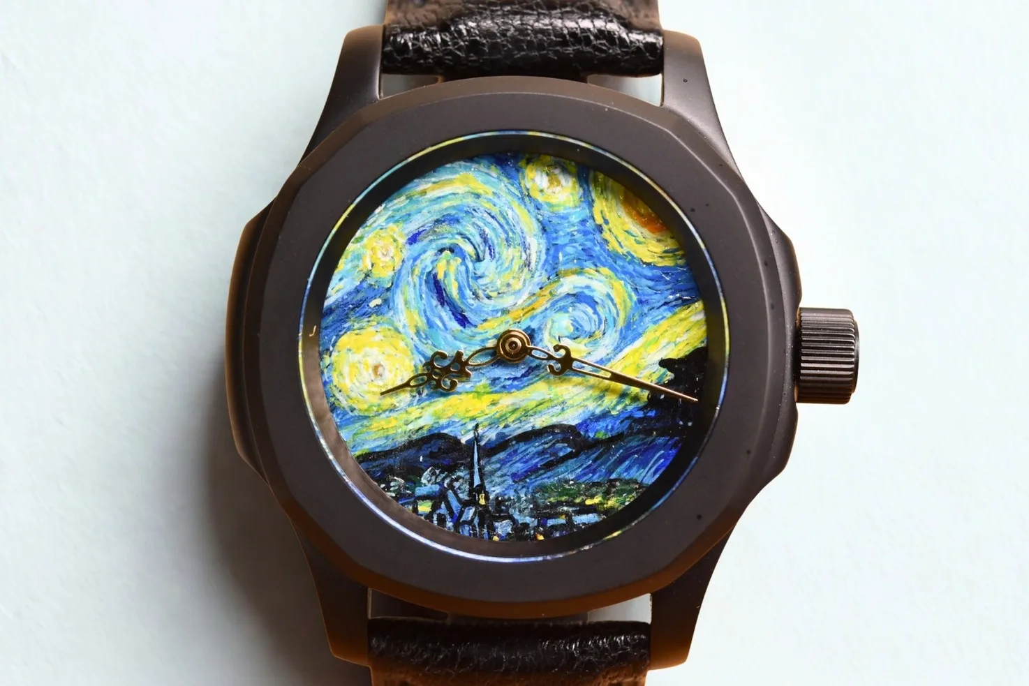 Starry Night hand-painted watch dial, close-up